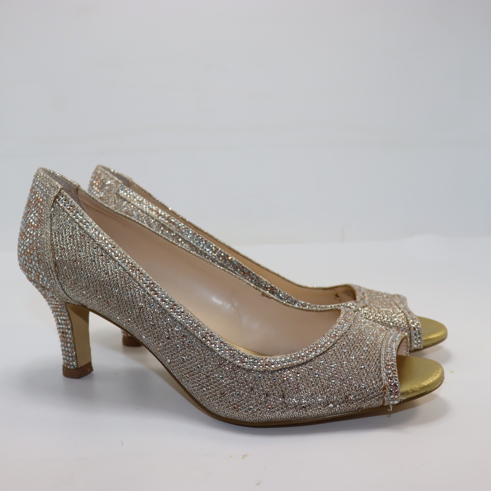 Alex Marie Peep Toe Heels 9.5‎ Gold Womens Glam Prom Wedding